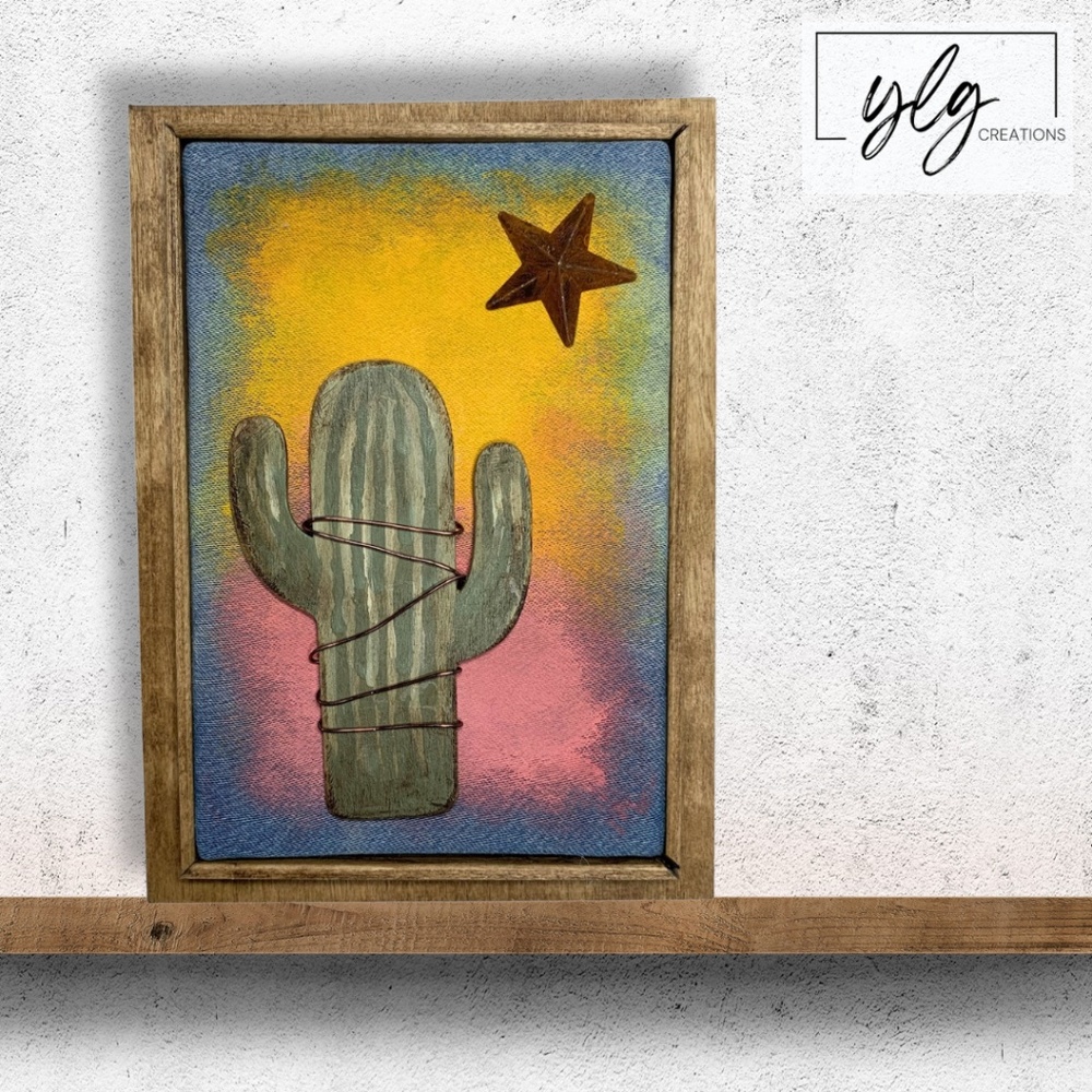 Mixed Media Wall Art Saguaro Cactus Scene Sunset Stars Desert Southwest 6 x 8